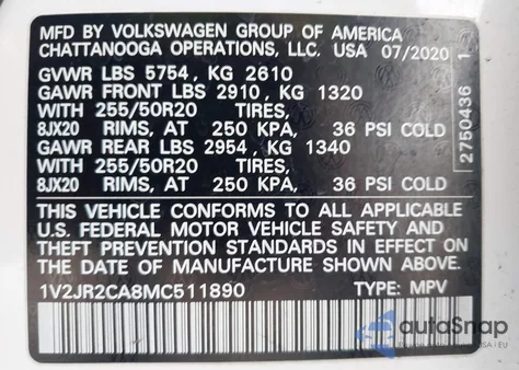 2021 Volkswagen Atlas 3.6L V6 Se W/Technology from USA, damaged, VIN 1V2JR2CA8MC511890